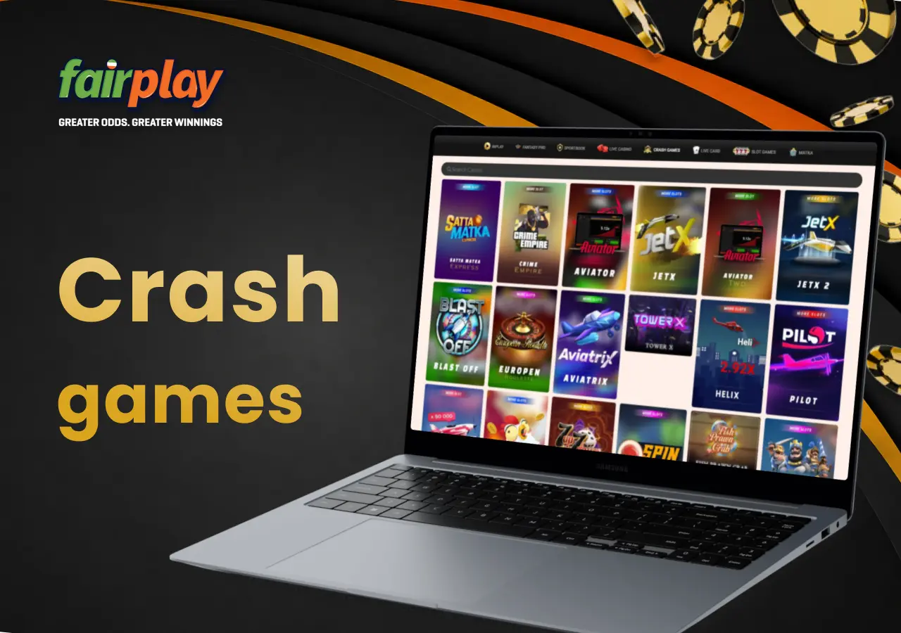 Crash games available on Fairplay displayed on a laptop, with casino chips close by.