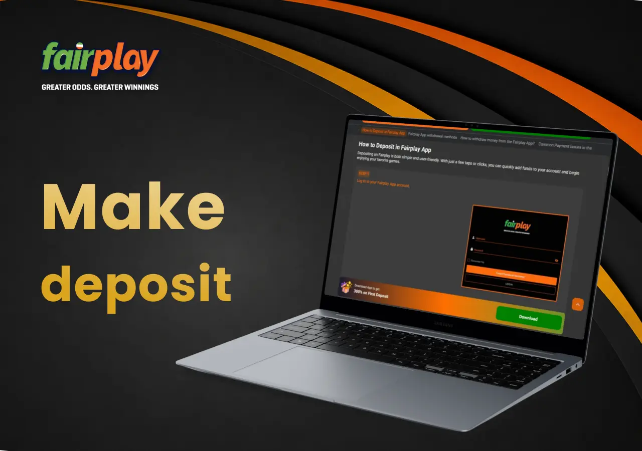 Deposit process on a laptop, with clear steps for adding funds to a Fairplay account.